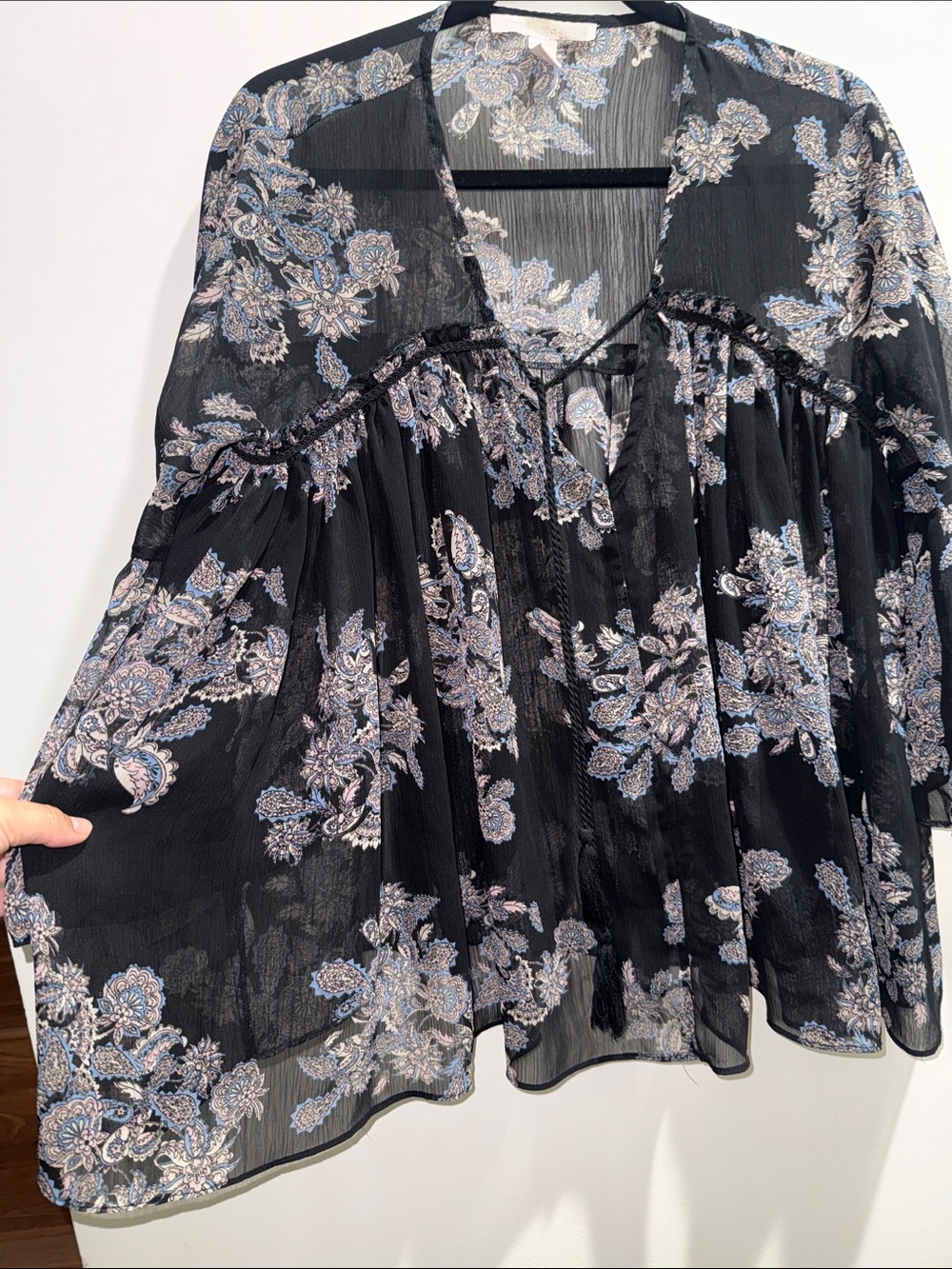 Boho Sheer Black Floral Tie-Neck Women's Top - Picture 5 of 5